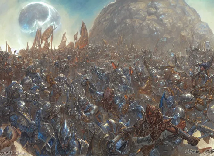 Prompt: beautiful as the moon, terrible as an army with banners. art by tyler edlin and donato giancola