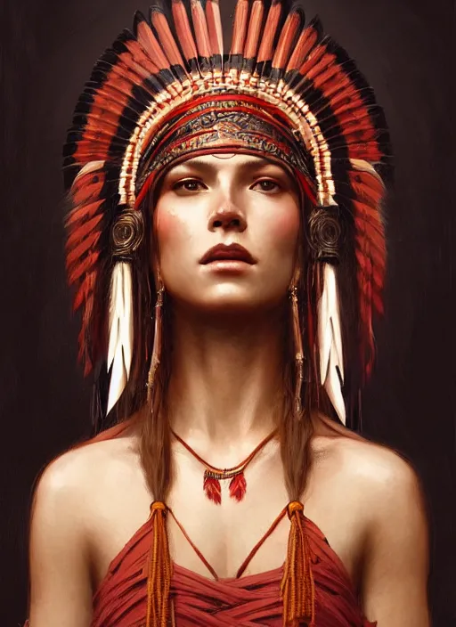 Image similar to gorgeous redskin woman wearing headdress, intricate, elegant, highly detailed, artstation, concept art, smooth, sharp focus, illustration, art by greg rutkowski and stefan kostic and bouguereau