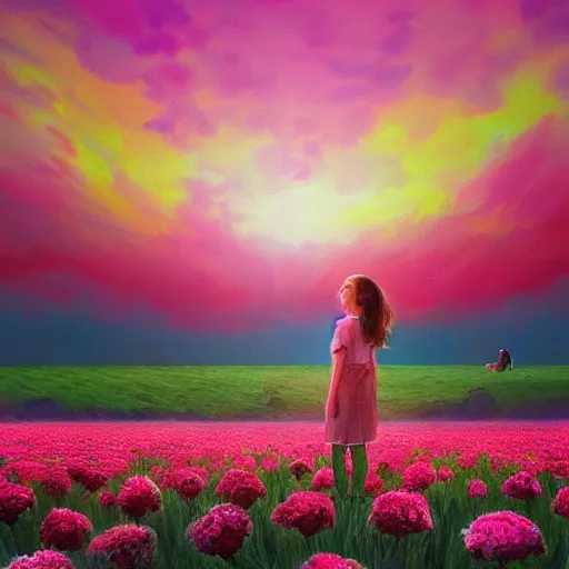 Prompt: face of carnations flower, girl standing in a flower field, surreal photography, sunrise dramatic light, impressionist painting, colorful clouds, digital painting, artstation, simon stalenhag, flower face