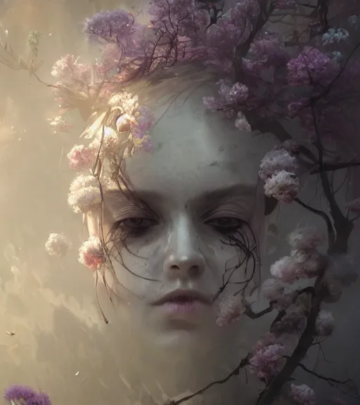 Prompt: a beautiful terrifying ghost spirit sad female portrait black eyes twisted trees, floating cloth whirlpool, butterfly, blooming made of flowers, hardlighting ethereal horror fantasy art by greg rutkowski and raymond swanland and monet, ruan jia, by wlop, 4 k hd artstation concept art