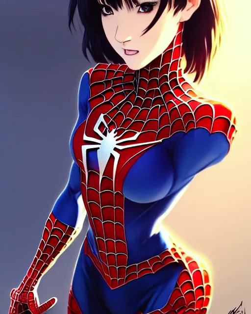 Image similar to portrait Anime Spiderman girl sharp fine-face, pretty face, realistic shaded Perfect face, fine details. Anime. realistic shaded lighting by Ilya Kuvshinov krenz cushart katsuhiro otomo ghost-in-the-shell, magali villeneuve, artgerm, rutkowski Jeremy Lipkin and Giuseppe Dangelico Pino and Michael Garmash and Rob Rey