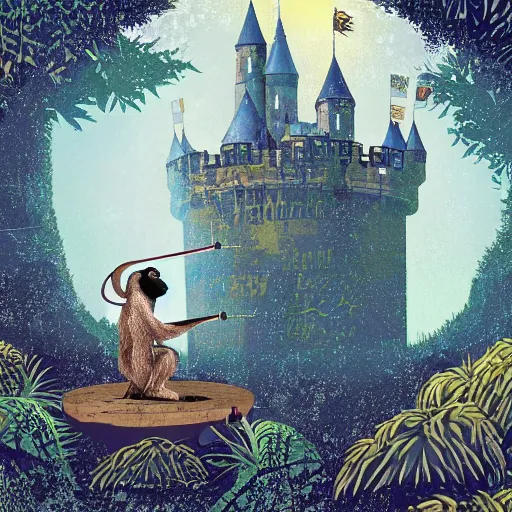 Image similar to A computer art that features a chimpanzee surrounded by a castle turret. The chimp is shown wearing a crown and holding a scepter, and the castle is adorned with banners. biopunk by Eyvind Earle, by Nikolina Petolas kaleidoscopic