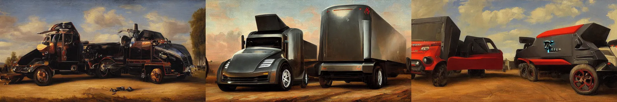 Prompt: Tesla cybertruck, oil painting in the style of the Dutch masters, very detailed