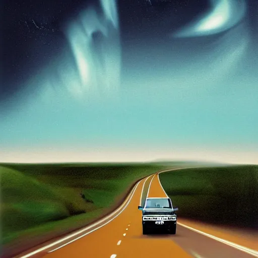 Image similar to land rover discovery driving down a windey road with noctoluminescent clouds in the sky, simplistic style, 1 9 8 0 s poster style