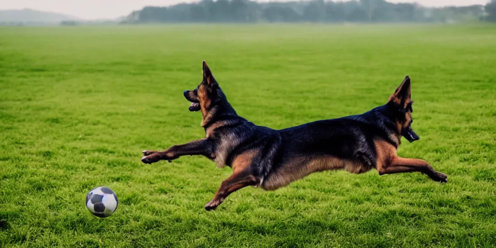 Prompt: German Shepherd jumping to catch a ball in green fields, cinematic lighting, wide angle landscape photography, hyperrealistic, 8k