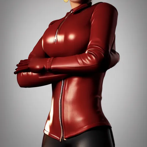 Image similar to a full body portrait of a female wearing a skintight leather jacket, trending on artstation, artstationhd, artstationhq, full body shot, cycles render, octane render, unreal engine, vray