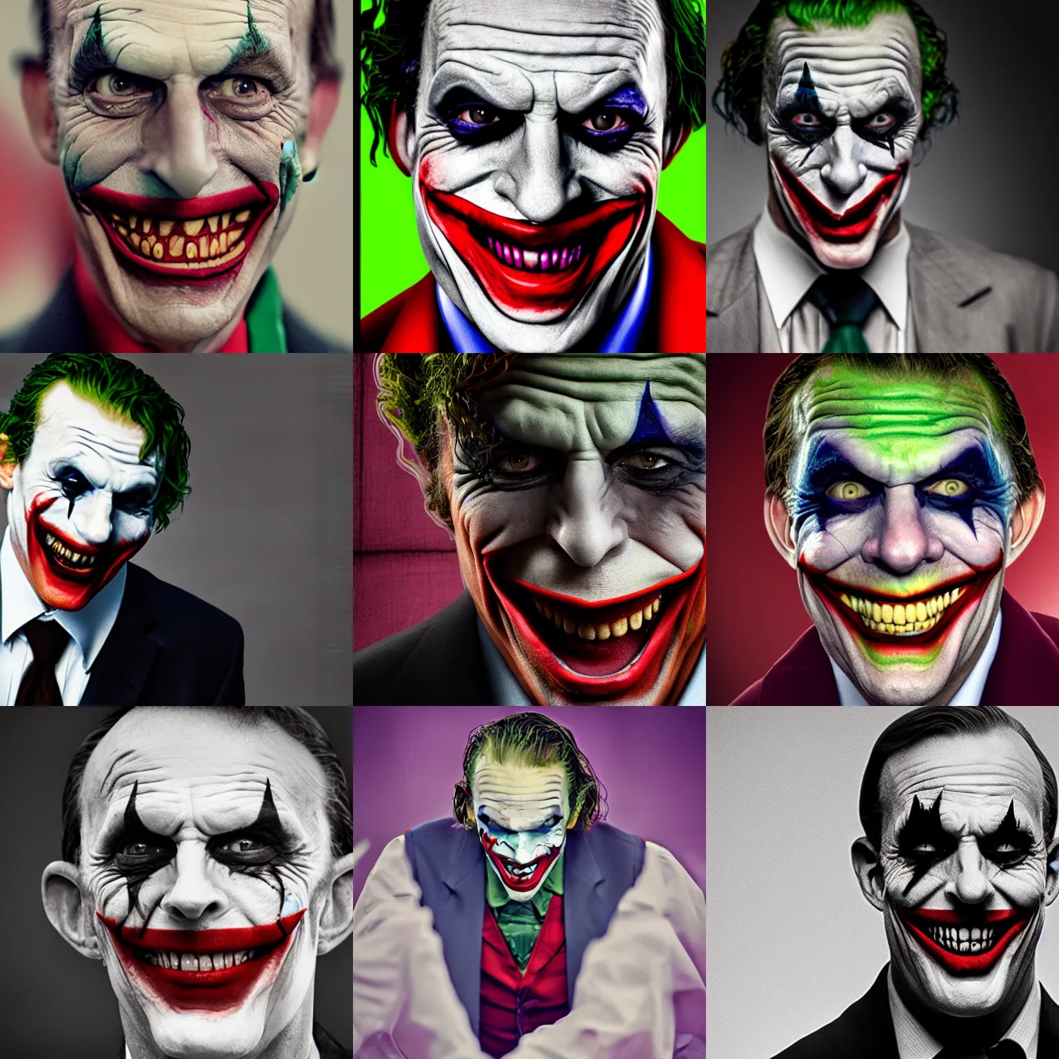 Prompt: Tony Abbott as the joker, photograph, film grain, post production in after effects