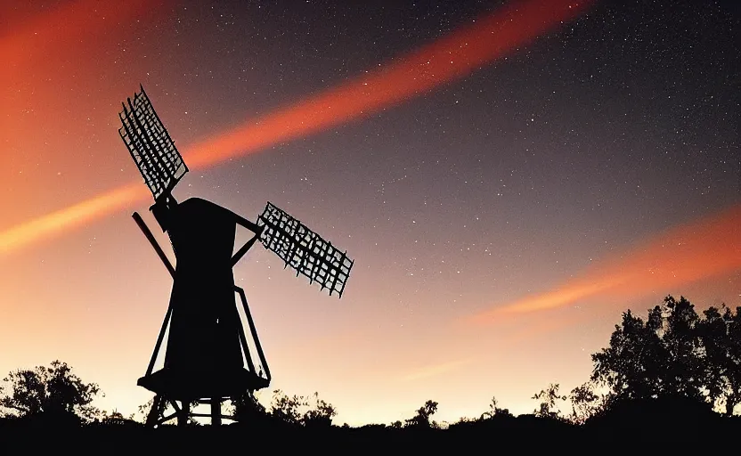 Image similar to “ sunset windmill with meteor shower in the background, cinematic, award winning ”