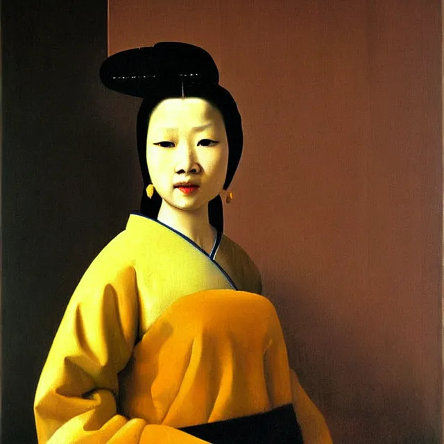 Image similar to a beautiful painting asian woman, by jan vermeer realistic oil painting