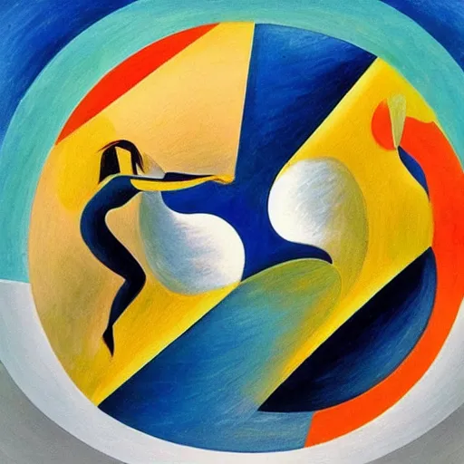 Prompt: woman dancing with a ying yang by the ocean while the waves crash on the seashore, high quality art in the style of cubism and geogia o keefe