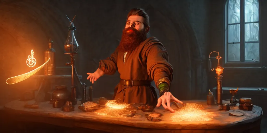 Prompt: scene of a handsome bearded caucasian male sorcerer with brown hair he is casting a spell that is emanating from his hands he is in a alchemist lab, action pose, digital art, photoreal, 4 k, unreal engine