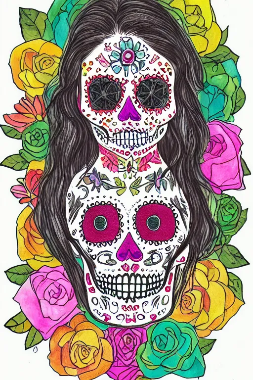 Prompt: Illustration of a sugar skull day of the dead girl, art by rupi kaur