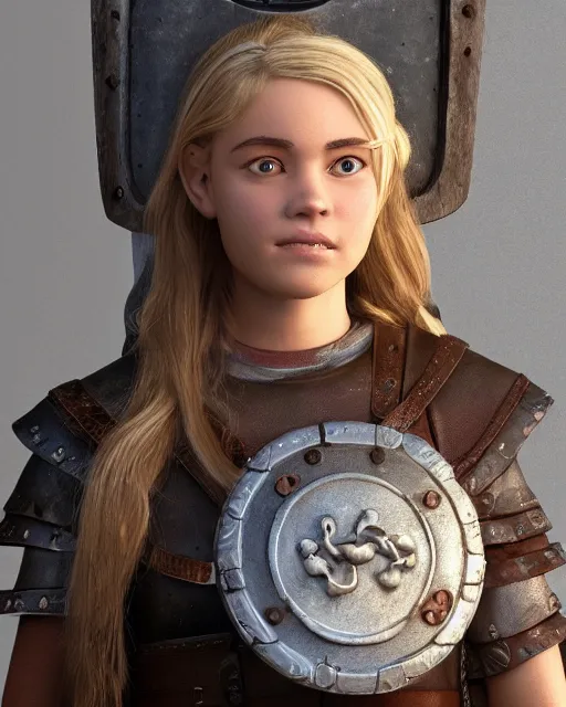 Image similar to a viking girl with a shield, pixar style, clean detail, symmetrical, octane render, studio lighting