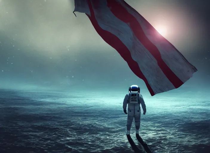 Image similar to astronaut holding a flag in an underwater desert. a submarine is visible in the distance. dark, concept art, cinematic, dramatic, atmospheric, 8 k, trending on artstation, blue, fish, low visibility, fog, ocean floor, christopher nolan, interstellar