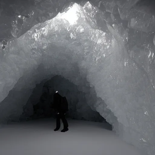 Prompt: ice cave. dramatic orange lighting. photo realistic. lone sihouette of a woman explorer.