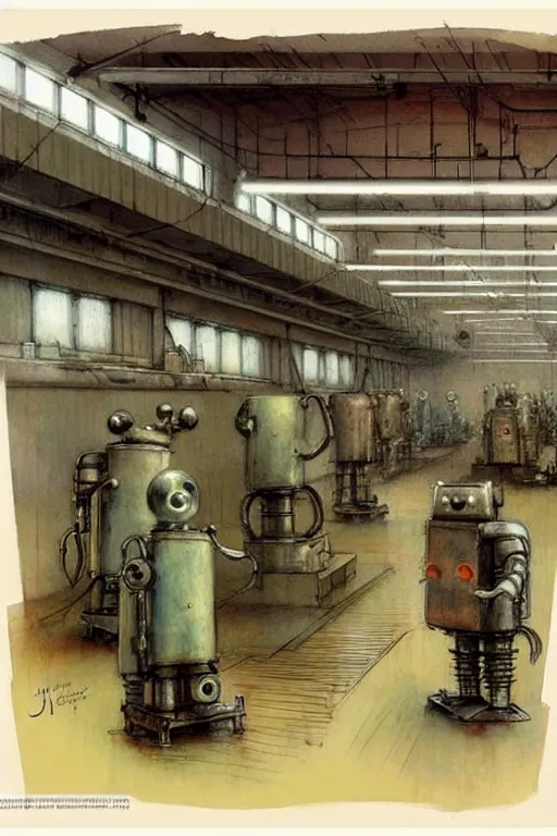 Image similar to ( ( ( ( ( 1 9 5 0 s robot factory interior. muted colors. ) ) ) ) ) by jean - baptiste monge!!!!!!!!!!!!!!!!!!!!!!!!!!!!!!