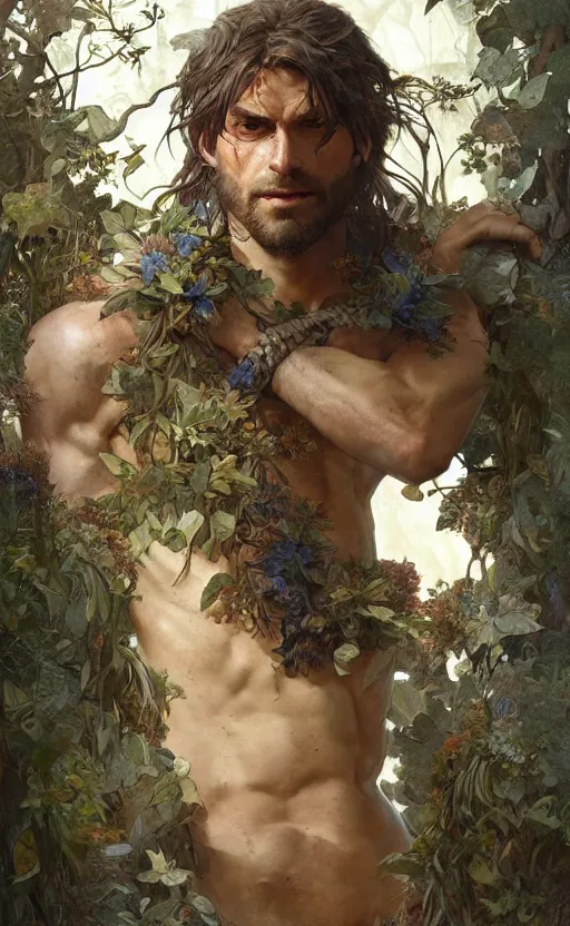 Image similar to god of the forest, 3 0 years old, rugged, male, gorgeous, detailed face, amazing, full body, flowers, muscular, intricate, highly detailed, digital painting, artstation, concept art, sharp focus, illustration, art by greg rutkowski and alphonse mucha