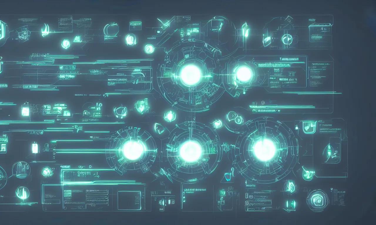 Image similar to futuristic application icons, GUI, software ICONS, operating system icons, design, modern, cinematic lighting, cinematic composition, in blade runner style