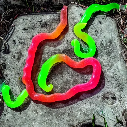 Prompt: corpse grave with neon gummy worms