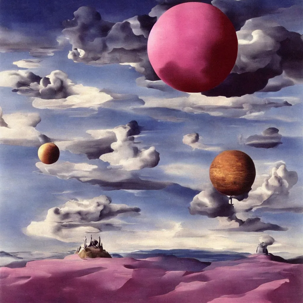 Prompt: Big pink sphere high in the sky, beautiful matte painting by Salvador Dali,