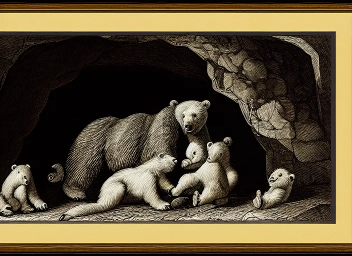 Prompt: Pieter Claesz's 'bear and her cubs sleeping in a dark cave', night time, cross hatching, framed