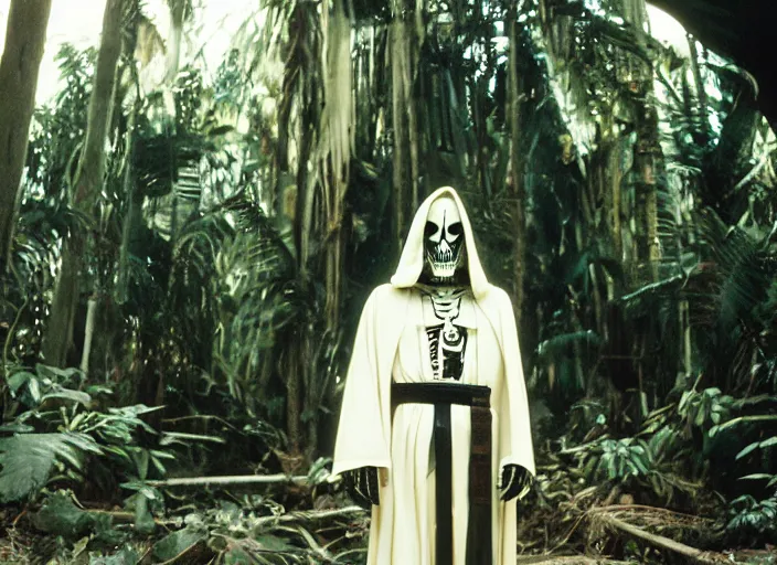 Image similar to screenshot portrait of skeleton in a jedi robe. outside the jedi temple in the jungle. Thriller directed by stanley kubrick, Photographed with Leica Summilux-M 24 mm lens, ISO 100, f/8, Portra 400