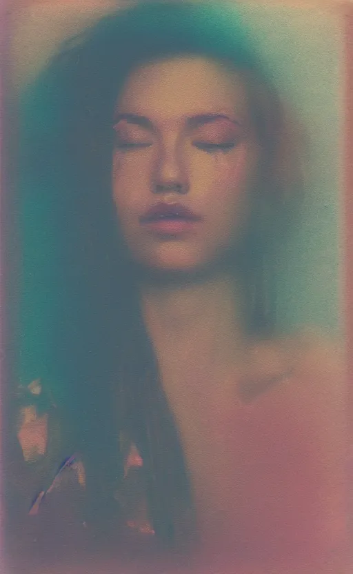 Prompt: a beautiful woman's face in the water, serene emotion, new polaroid, glitchy patterns, kodak color grading, muted colors, hazy, aqua, pastel colors, soft lighting