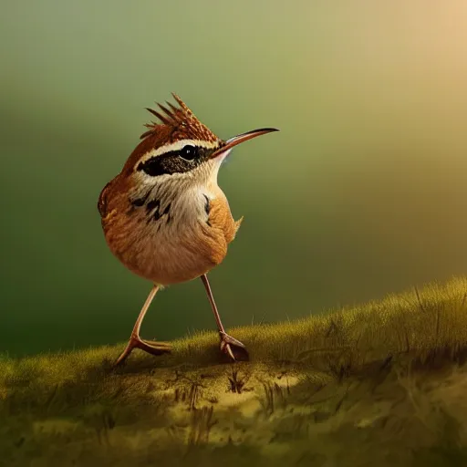 Image similar to closeup of a wren bird in avila, river edge, green fields, summer season, 4 k, midday light, concept art, by wlop, ilya kuvshinov, artgerm, krenz cushart, greg rutkowski, pixiv. cinematic dramatic atmosphere, sharp focus, volumetric lighting, cinematic lighting, studio quality