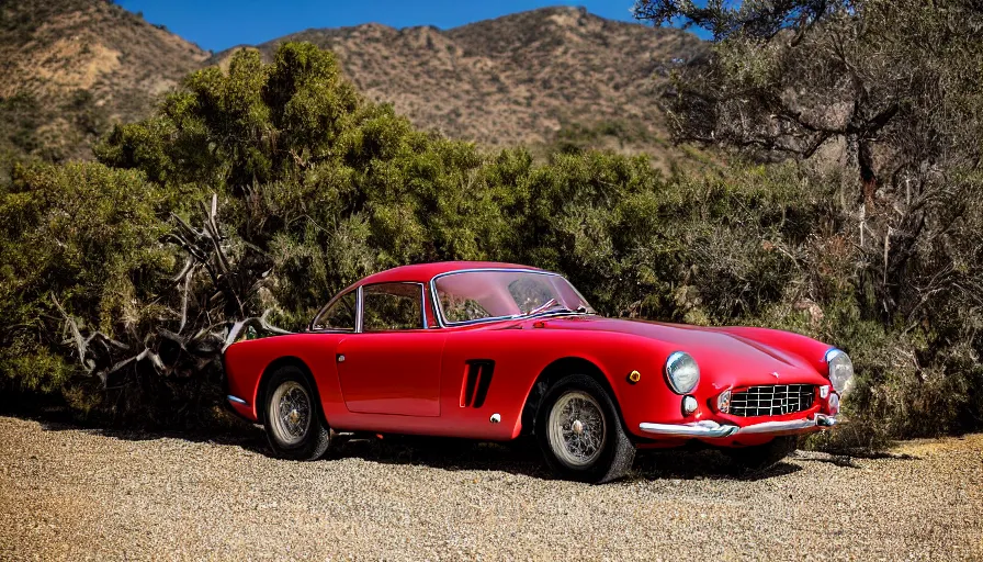 Prompt: photograph, 1958 FERRARI 250 GT, by Pete Biro, Peter Singhof, press release, cinematic, malibu canyon, 8k, depth of field, bokeh. rule of thirds, copper paint