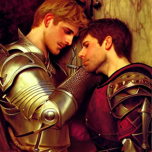 Image similar to arthur confesses his love for lancelot! dream attractive arthur pendragon and his attractive male knight, they are in love, natural lighting, path traced, highly detailed, high quality, digital painting, by gaston bussiere, craig mullins, alphonse mucha j. c. leyendecker