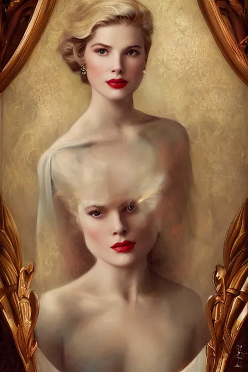 Image similar to A young and extremely beautiful Grace Kelly explaining the birds and the bees by Tom Bagshaw in the style of a modern Gaston Bussière, art nouveau, art deco, surrealism. Extremely lush detail. Perfect composition and lighting. Profoundly surreal. Sultry look on her face.