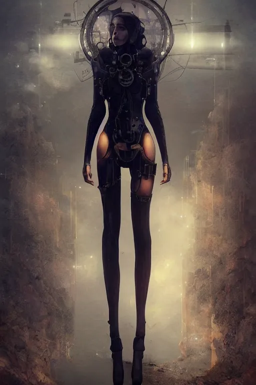 Image similar to Abstract tech, a beautiful steampunk female in bodysuit, ruins by night, horror, volumetric clouds and fog, focus, detailed, realistic eyes looking at camera, symmetric body features proportions, intricate details, award winning, unreal render, by Tom Bagshaw