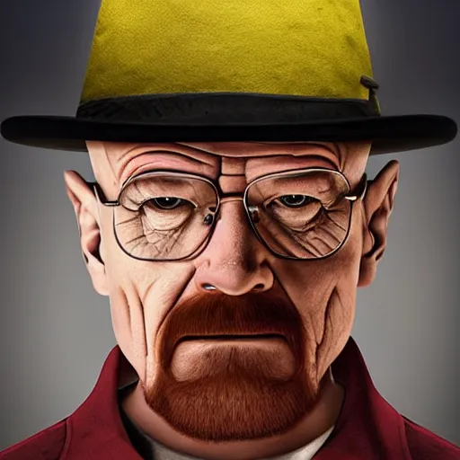 Prompt: Walter White, Heisenberg, Depicted as a large angus steakburger, food photography, body horror