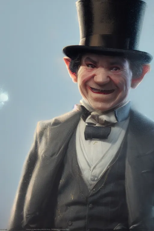 Prompt: A closeup of a short old halfling with a suit and top hat with white hair by Greg Rutkowski, 4k photorealistic, volumetric lighting, HD, high details, dramatic, trending on artstation