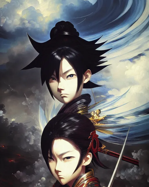 Image similar to baroque oil painting of key visual samurai war, storm, brutalist fantasy, fake detail, trending pixiv fanbox, acrylic palette knife, style of makoto shinkai takashi takeuchi yoshiyuki sadamoto greg rutkowski chiho aoshima, artstation