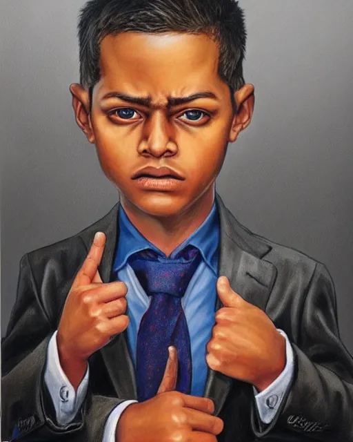 Image similar to portrait of a 7 year old child gang leader, gritty, looking serious, wearing a suit and a tie, very detailed eyes, hyperrealistic, beautiful, very detailed painting by Glenn Fabry, by Joao Ruas, by Artgerm