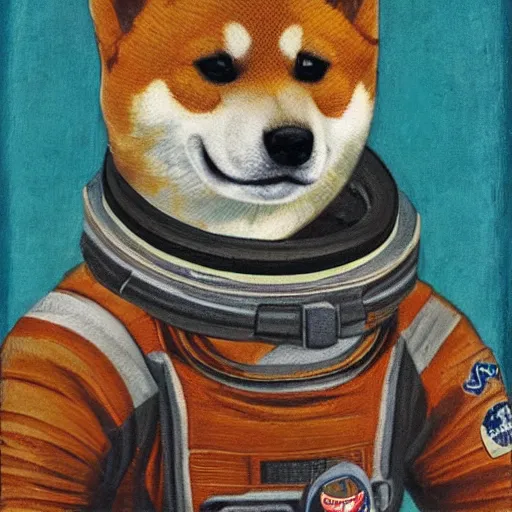 Image similar to Portrait of a shiba inu astronaut, oil painting, 16th century