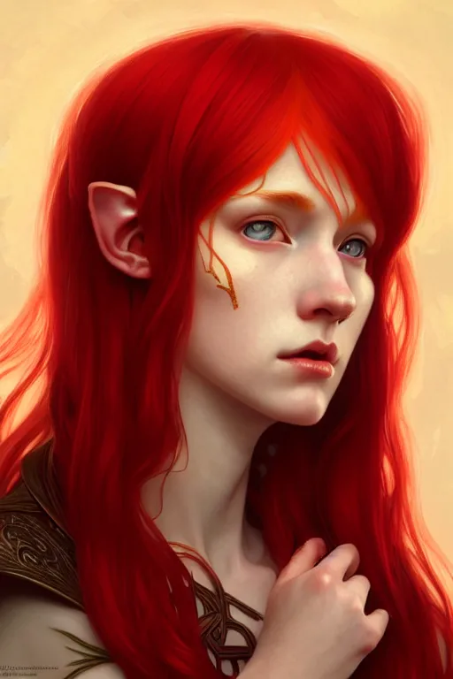 Prompt: portrait of a red - haired elf, golden ratio rule, highly detailed, digital painting, artstation, sharp focus, illustration, art by tan zi and ayanamikodon and alphonse mucha and wlop