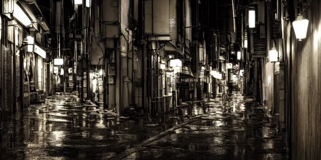 Prompt: quiet tokyo alley at night, raining, hdr, hyper realistic, hyperdetailed, epic composition, cinematic lighting, masterpiece, street photography