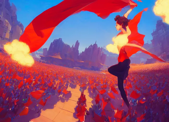 Image similar to gorgeous bright girl waving a red flag over her head running through Mandelbrot fractal crowd by Craig Mullins, ilya kuvshinov, krenz cushart, artgerm trending on artstation by Edward Hopper and Dan Mumford and WLOP and Rutkovsky, Unreal Engine 5, Lumen, Nanite