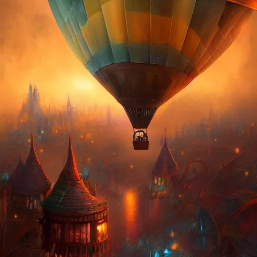 Prompt: a beautiful stunning fantasy whimsical matte digital illustration of a scene of a hot - air balloon powered by magic over a lit city at night by marc simonetti, pastel color palette, disney magic the gathering steampunk, chiaroscuro magical bokeh moon stars dramatic romantic epic breathtaking, trending on artstation hq, masterpiece