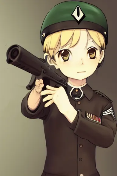 Image similar to beautiful little boy in nazi male uniform posing with an gun. made in abyss art style, sharps focus, cute detailed artwork, anatomically correct, ilya kuvshinov, reflection, perfect composition, wallpaper mobile, digital art, detailed anime soft face, symmetrical face, western comic, illustration, realistic, smooth, lois van baarle, soft details, illumination