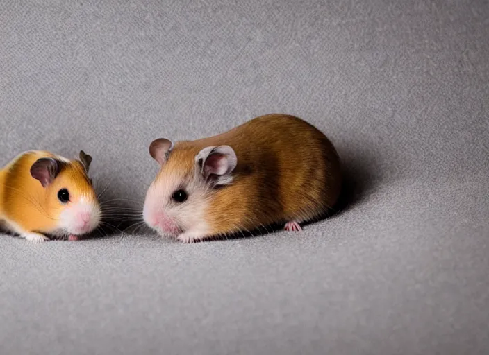 Prompt: photo of a two hamsters laying in a bed, cinematic color grading, various poses, soft light, faded colors, well framed, sharp focus, 8 k