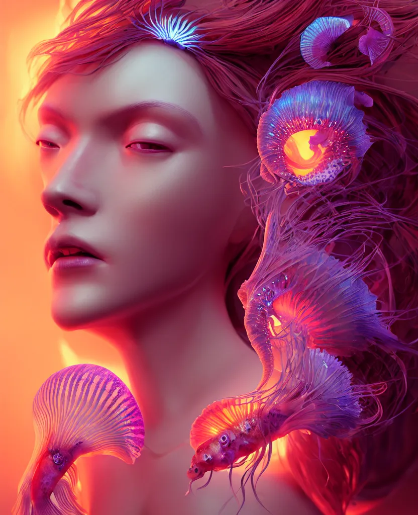 Image similar to goddess close-up portrait. orchid jellyfish phoenix head, nautilus, skull, betta fish, bioluminiscent creatures, intricate artwork by Tooth Wu and wlop and beeple. octane render, trending on artstation, greg rutkowski very coherent symmetrical artwork. cinematic, hyper realism, high detail, octane render, 8k