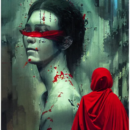 Image similar to portrait of a daydreaming melancholic latin woman in red monk habit being progressively rasterized into pixels from another world, she is surrounded by digital birds, oil on canvas game poster by yoji shinkawa, esao andrews, dave mckean and stina persson