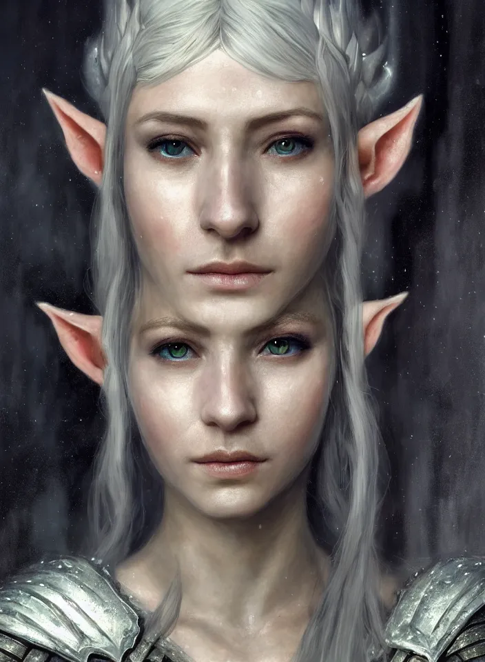 Prompt: a closeup portrait of an elven queen from skyrim wearing white mithril armor, fantasy setting, cold environment, serene colors, soft lighting, atmospheric, cinematic, moody, in the style of diego koi, gina heyer, luiz escanuela, art by alyssa monk, depth, hyperrealism, rule of thirds, golden ratio, oil on canvas, 8 k