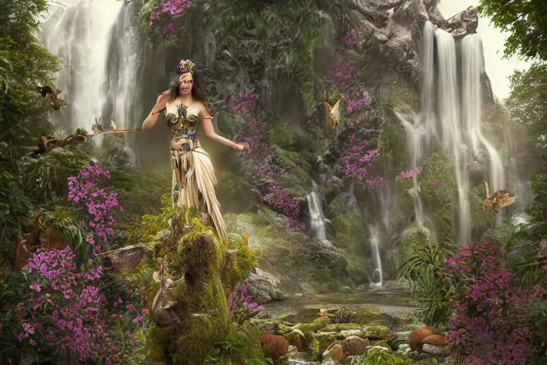 Image similar to a beautiful divine tribal high priestess with feathers and crystals in a lush field of flowers, highly detailed medieval temple with waterfall and deer behind her, wide painting by greg rutkowski and hr giger, zbrush, trending on artstation - h 1 0 2 4