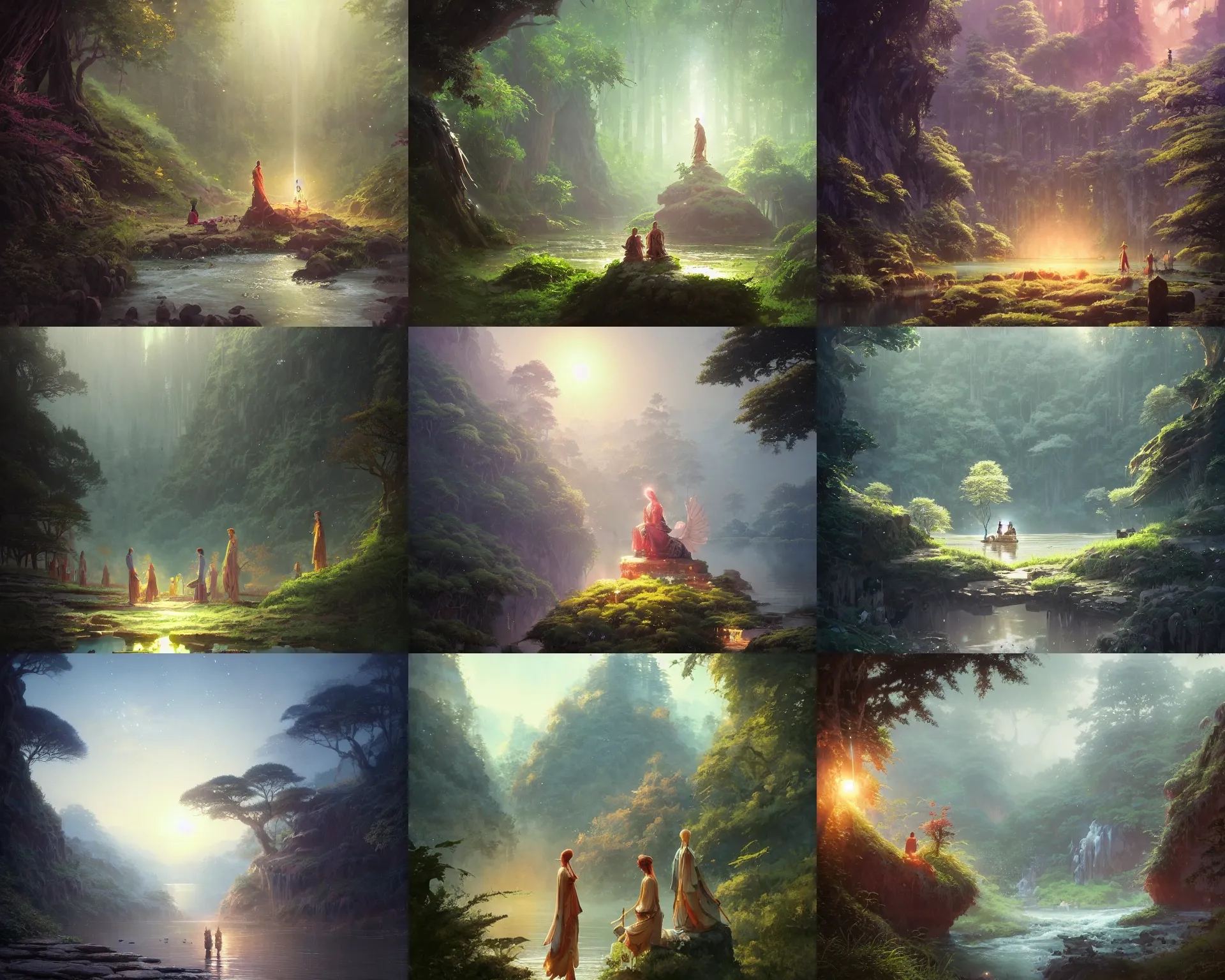 Prompt: conclave of folk discovering a lush landscape of mystical arts connected by rivers, light dust, magnificent, close up, details, sharp focus, elegant, highly detailed, illustration, by Jordan Grimmer and greg rutkowski and PiNe(パイネ) and 薯子Imoko and 香川悠作 and wlop and maya takamura, intricate, beautiful, Trending artstation, pixiv, digital Art