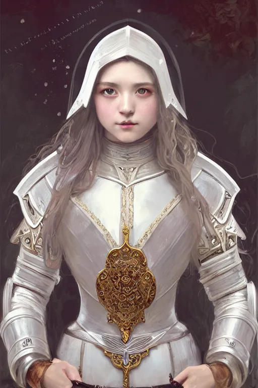 Image similar to beautiful and victorian and holy and divine and elite young medieval female like twice tzuyu white armor knight portrait +shinny eyes+front face with light flowing hair, ultradetail face, art and illustration by tian zi and craig mullins and WLOP and alphonse mucha, fantasy, intricate complexity, human structure, human anatomy, fantasy character concept, watermark, blurry, hyperrealism 8k