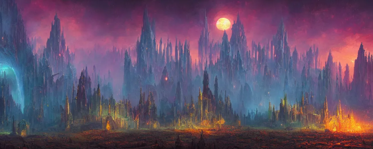 Image similar to ” otherworldly landscape with an epic cathedral, [ by paul lehr, cinematic, detailed, epic, widescreen, opening, establishing, mattepainting, photorealistic, realistic textures, octane render ] ”